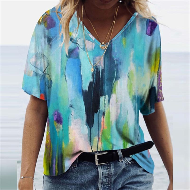 Fashion Spring Flower Print Blouses Short Sleeved V-Neck T Shirts Casual