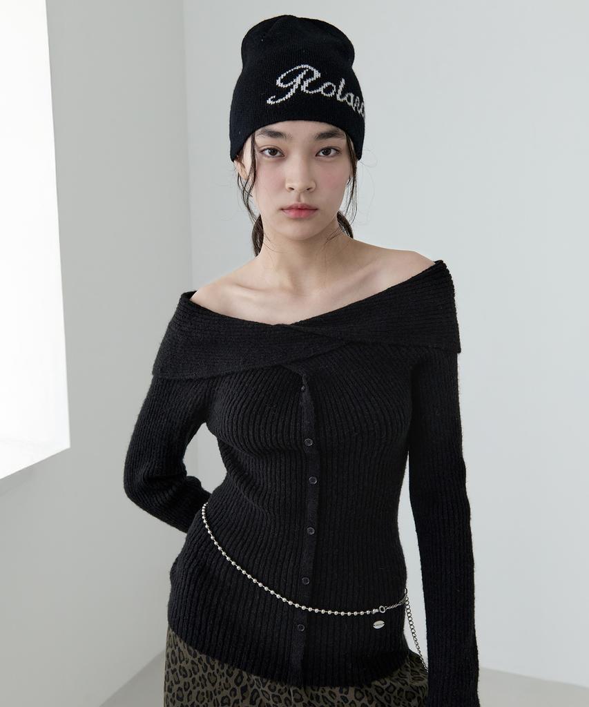 ROLAROLA Wool Blended Twist Button Off Shoulder Knit Black