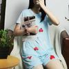 Женский летний пижамный комплект: Круглый вырез, Короткий рукав, Мультяшный принт, Омолаживающая домашняя одежда