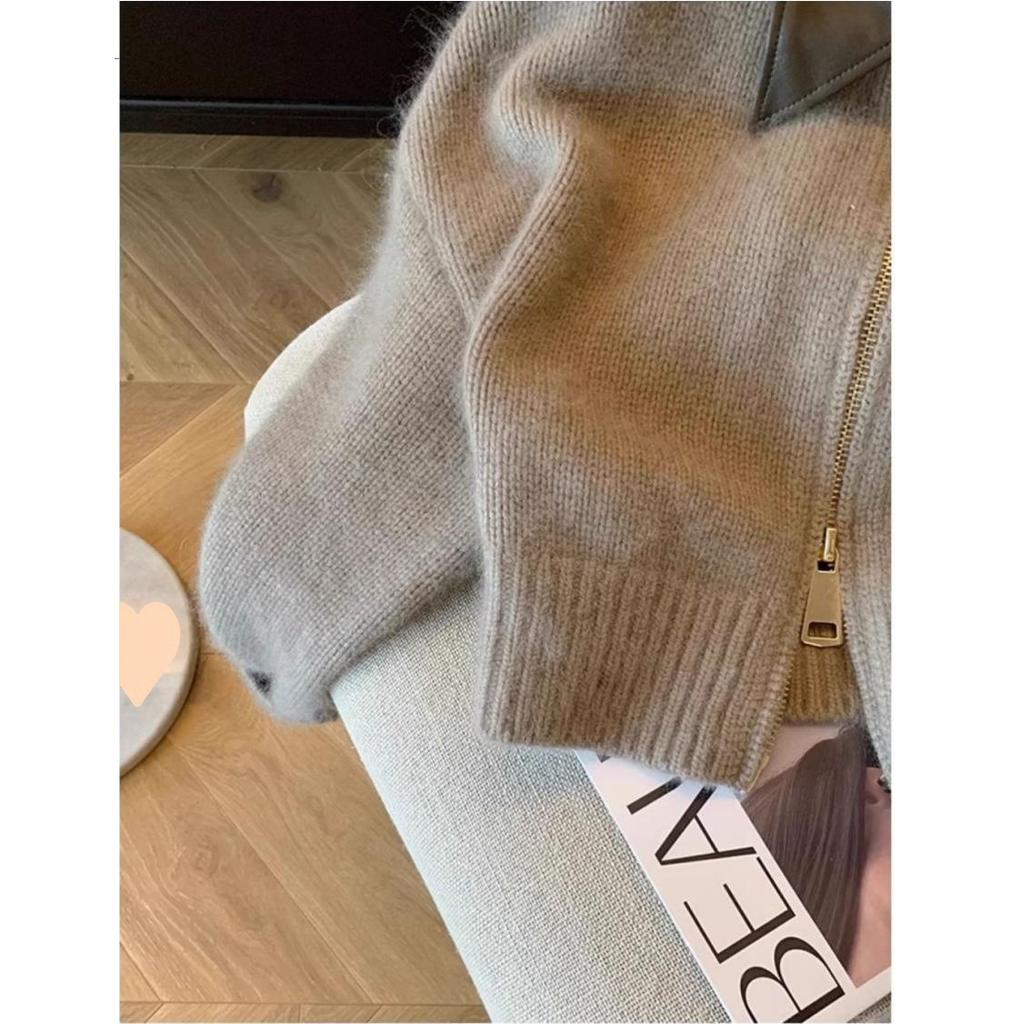 Coat Patchwork Leather Collar Zipper Short Fashion Socialite Spring and Autumn Sweater Cardigan for Women