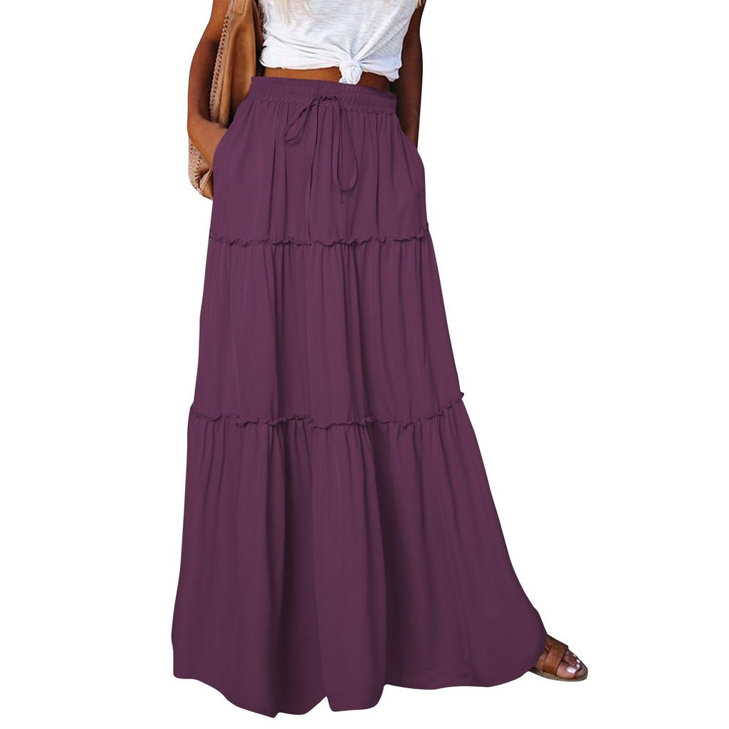 Women's Fashion Solid Color Elastic Waist Skirt Loose Casual High Waist Tie Long Skirt