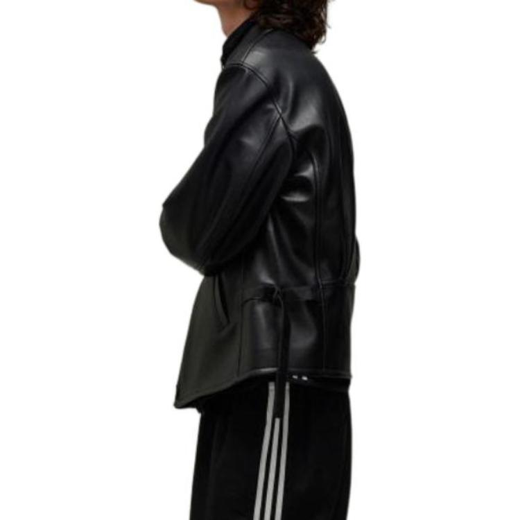 Adidas Solid Color Zip Collar Long Sleeve Leather Jacket Men Jackets Black JD9795