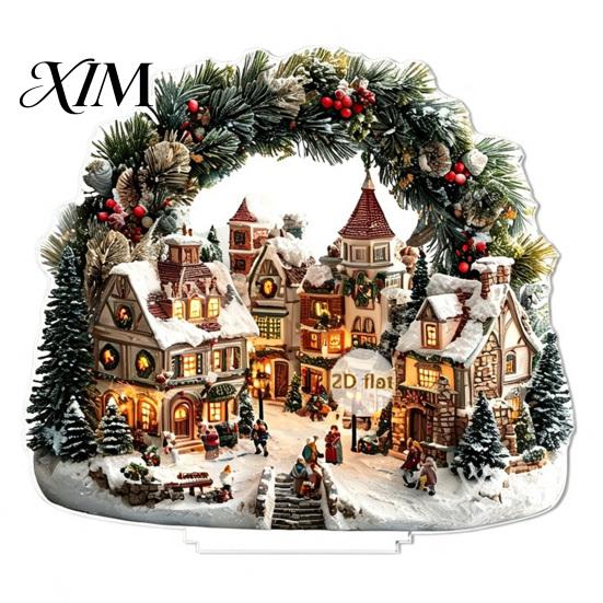 Christmas Tree Hanging Ornaments Village Houses Table Decoration, Snow Scene Patterns 2D Acrylic Festive Window Decorations Ornament, Decorative