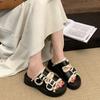 Fashion tassel black popular thick-soled one-word slippers women's summer wear 2025 new high-end cool slippers