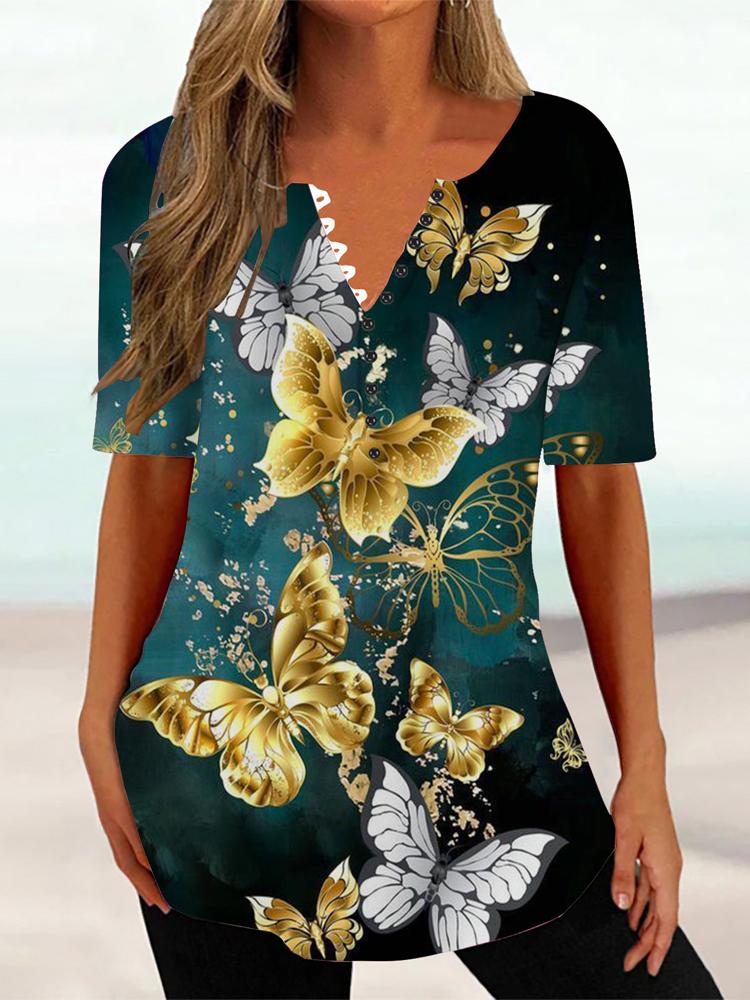 Женская летняя футболка с цветочным принтом и V-образным вырезом, с короткими рукавами, женский винтажный топ средней длины, свободный топ, женская одежда