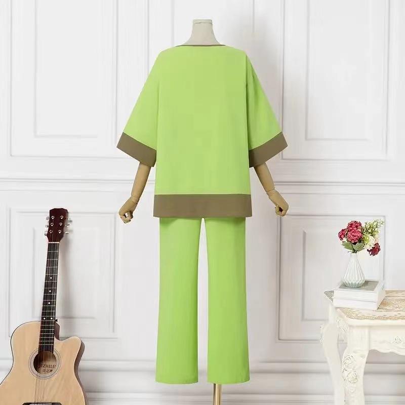 GMXIA Женский свободный повседневный комплект из топа с круглым вырезом, рубашки и прямых брюк большого размера