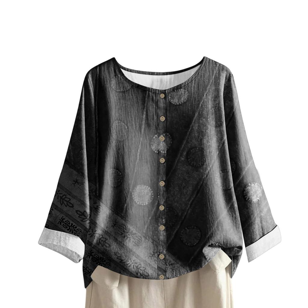 Женский повседневный топ с длинным рукавом и круглым вырезом из хлопка и льна с геометрическим принтом в стиле ретро