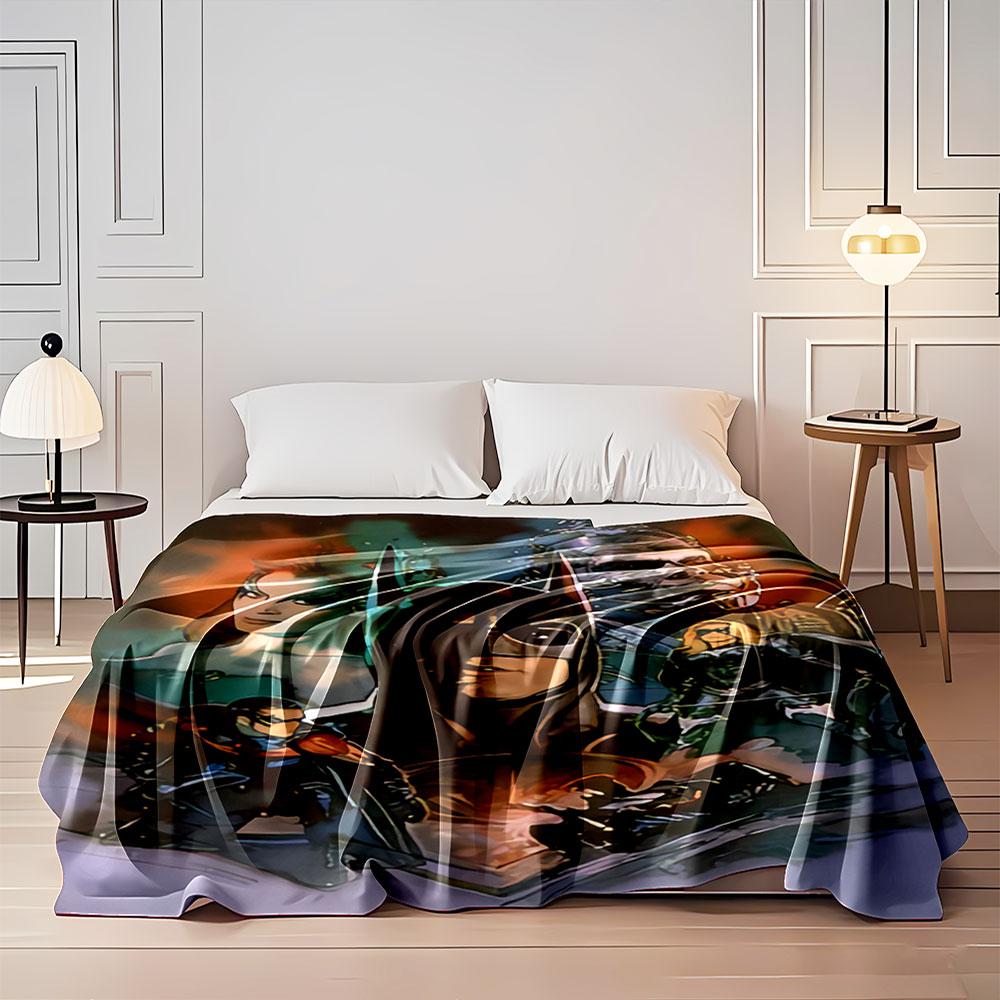 The pattern features superhero characters in a dramatic, action-based design. for all seasons blanket lunch break throw gift