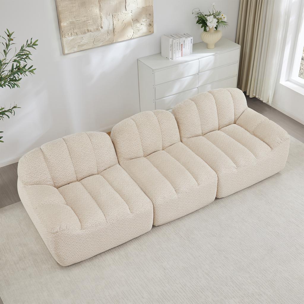 3-Seater Modular Sofa, Boneless Design made of 32D High-Density Foam, Deep Seat, Ideal for Living Room, Soft Fabric, Beige White