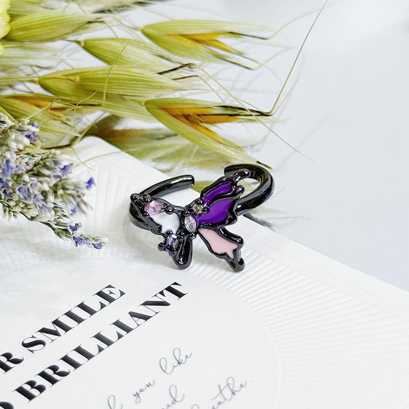 Темно-фиолетовый циркон Жидкая неправильная эмалевая бабочка Открытое кольцо Персонализированное Spice Girl Кольцо-штабель с нишевым кольцом Женское