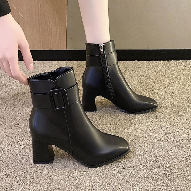 Женские зимние новые водонепроницаемые ботильоны на высоком каблуке, модные женские ботинки, хлопковая обувь, толстый каблук, бархатные женские кожаные ботинки, хлопковая обувь