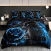 3D Black Cat Blue Rose Bedding Set Floral Animal Duvet Cover Set For Home & Dorm For Halloween