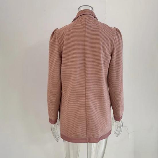 Women's Long Sleeve Tweed Double Breasted Blazer Jacket Notched Lapel Ribbed Open Front Fall Coat with Pockets