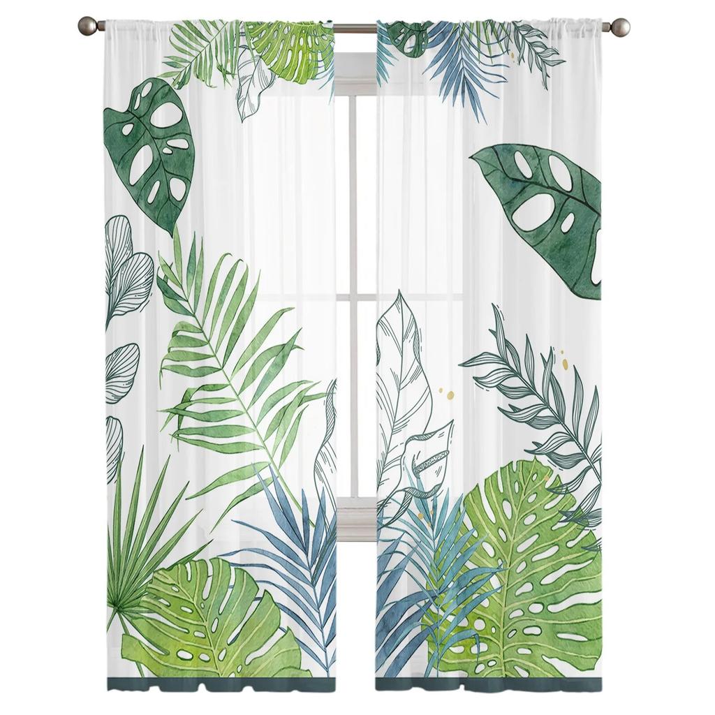 Прозрачные шторы с листьями тропических растений для гостиной, кухни, оконные шторы, тюлевые занавески для спальни, вуали