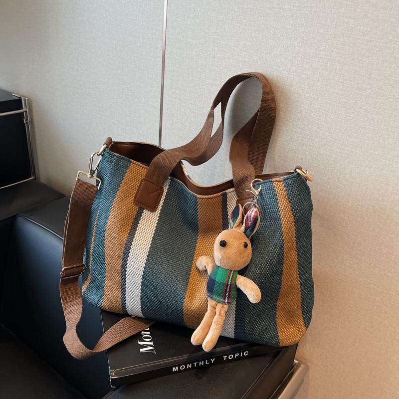 Striped Canvas Fabric Shoulder Tote Bags For Women Contrast Color Large Capacity Crossbody Messenger Shopping Bag With Pendant