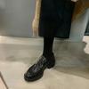 Женские кожаные лоферы на платформе 2025 осень новые черные с круглым носком на толстом каблуке одинарная обувь ретро британский стиль маленькие кожаные туфли