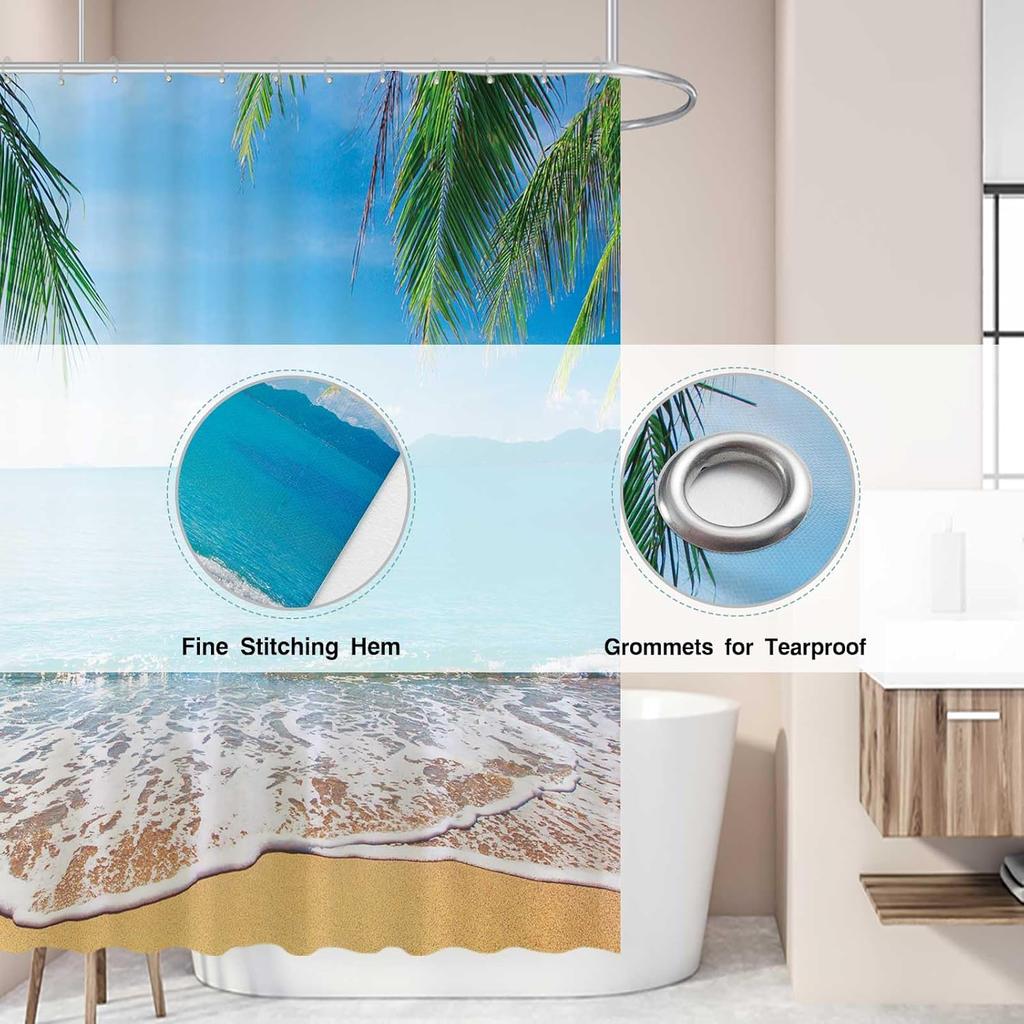 Allenjoy 72" x 72" Tropical Beach Shower Curtain Summer Seaside Scene Ocean Island Palm Tree Bathroom Decorations Curtain Durable Bathtub Showers
