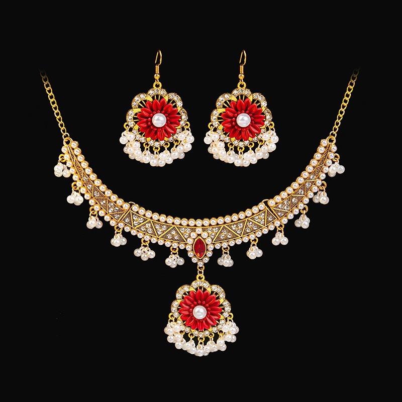 Europe and the United States popular bride jewelry gemstone water drop necklace earrings red series bright diamond jewelry set