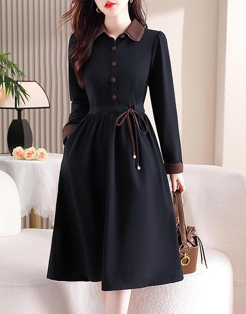 Seira Shirt Long High Retro Perfect for Commuting Women's Dress, Autumn/Winter, Sleeve, Knee-Length, Fold-Over Collar, Waist, A-Line, Style, Slimming,