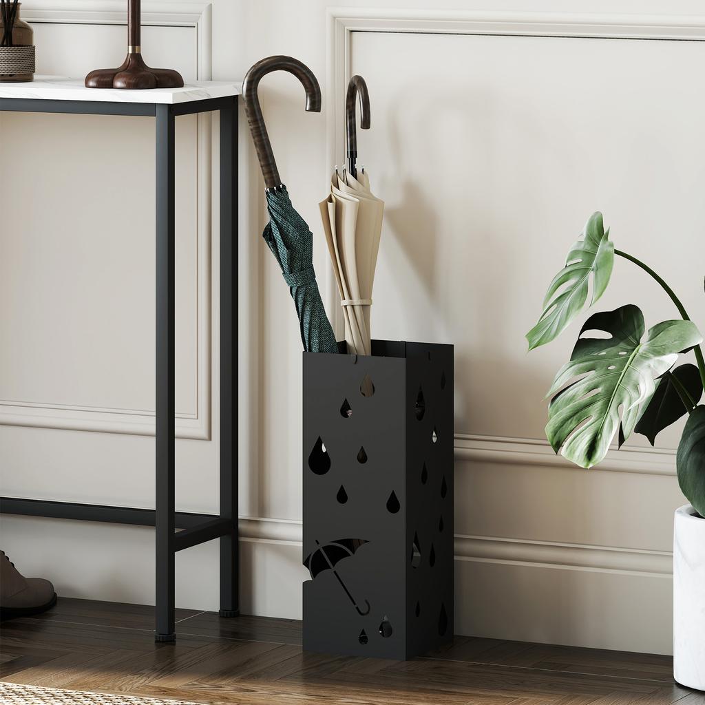 Steel Umbrella Stand with 4 Hooks and Drip Tray, Black