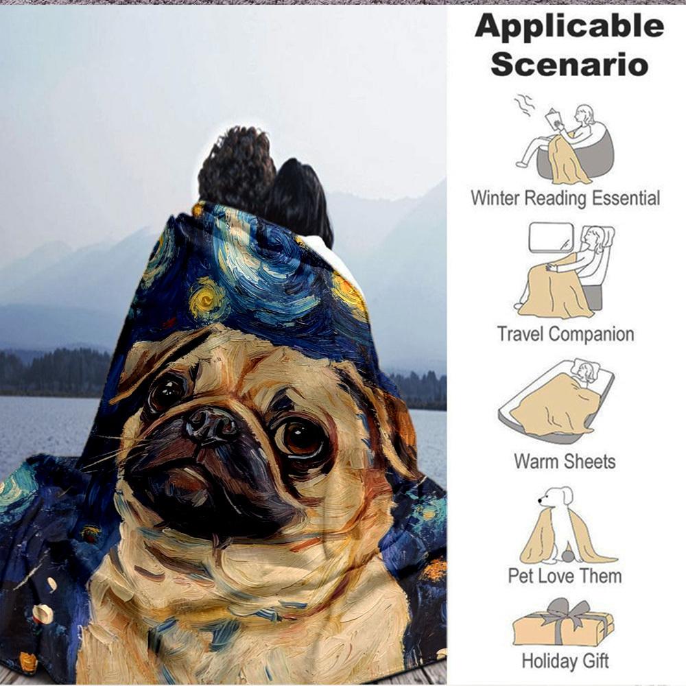 1pc Pug Art Print Blanket Lightweight Flannel Blanket Throw Blanket For Sofa, Bed, Travel, Camping, Livingroom, Couch, Chair, And Bed yy2509026191