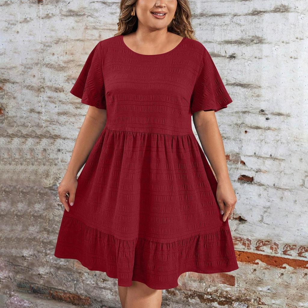 Ladies' Large Size Casual And Fashionable Solid Color Dress, Loose Short Sleeved Waist Cinched Dress