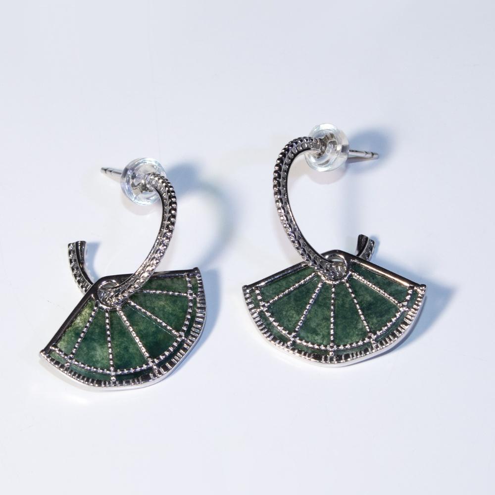 Серьги-подвески из мохового агата в форме веера из серебра 925 пробы для женщин