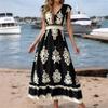 New Summer Holiday Style Printed V-neck Waist Short-sleeved Dress Holiday Long Dress