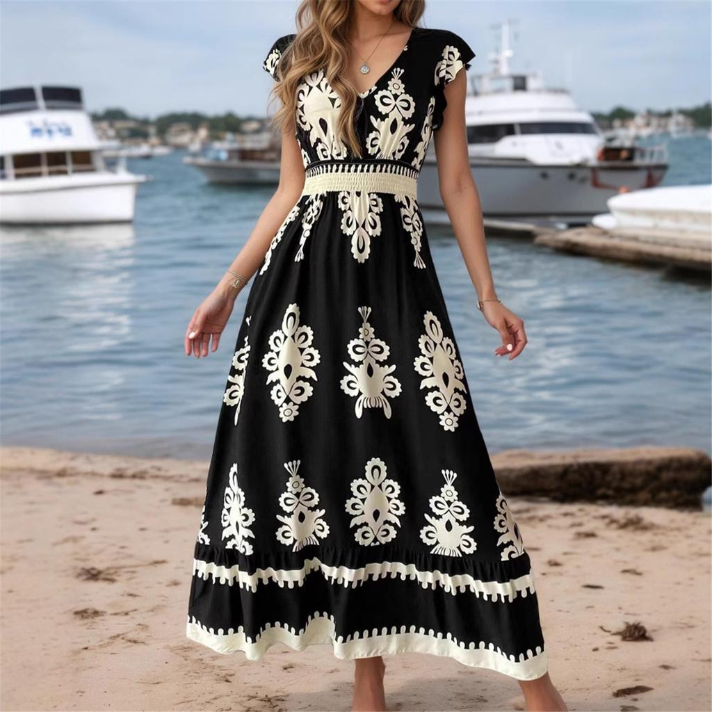 New Summer Holiday Style Printed V-neck Waist Short-sleeved Dress Holiday Long Dress