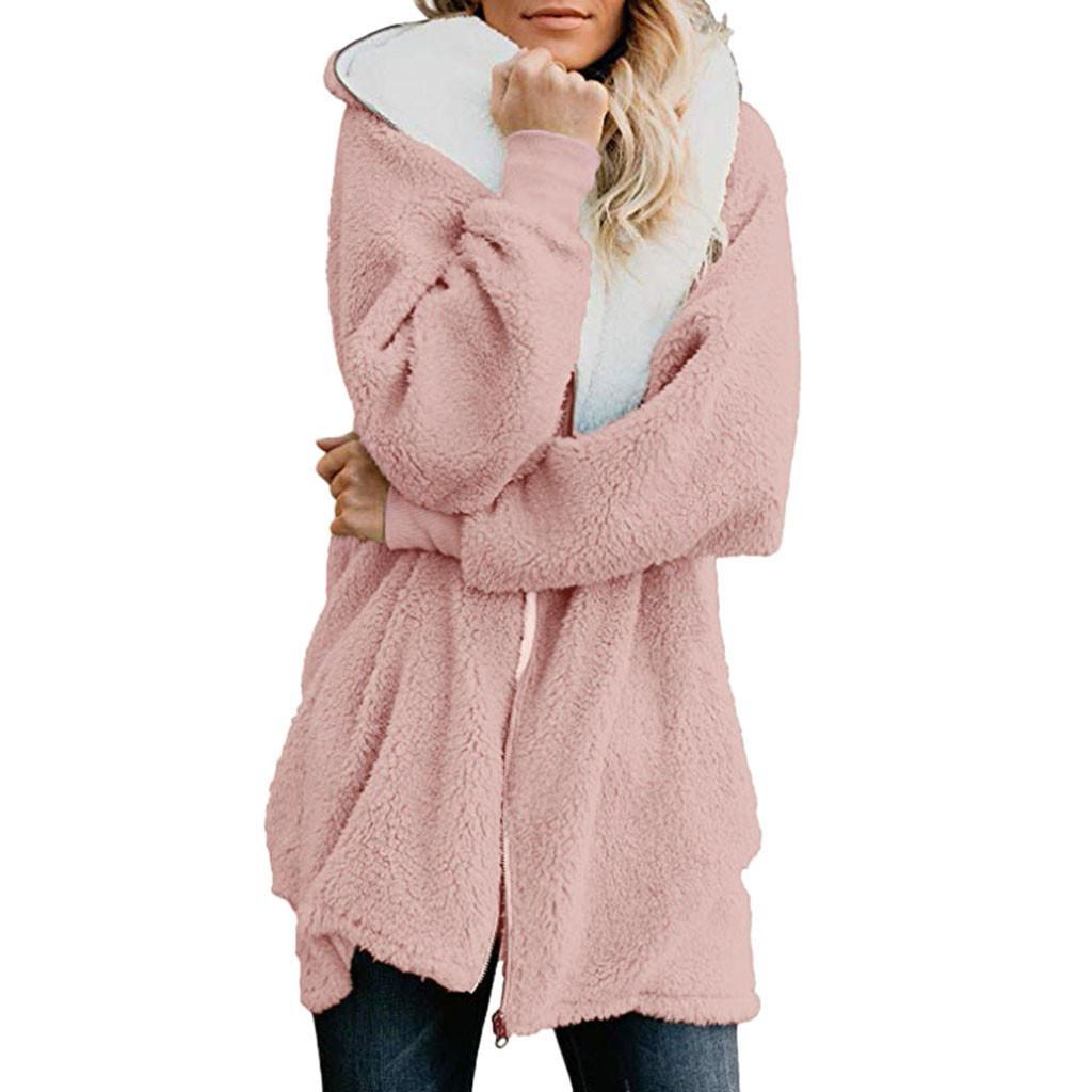 Womens Solid Oversized Zip Down Hooded Coat Cardigans Outwear With Pocket
