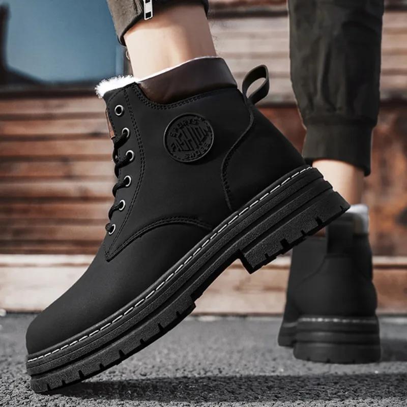 Модные мужские ботинки, зимние новые плюшевые теплые ботинки для снега, модные желтые высокие мужские ботинки в британском стиле, рабочие ботинки на нескользящей платформе