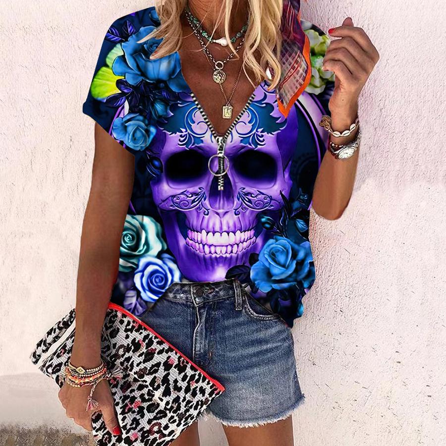 Women's Top Summer New Fashion Rose Flower Skull and Roses Printed Casual Zipper V-neck Short Sleeve Top