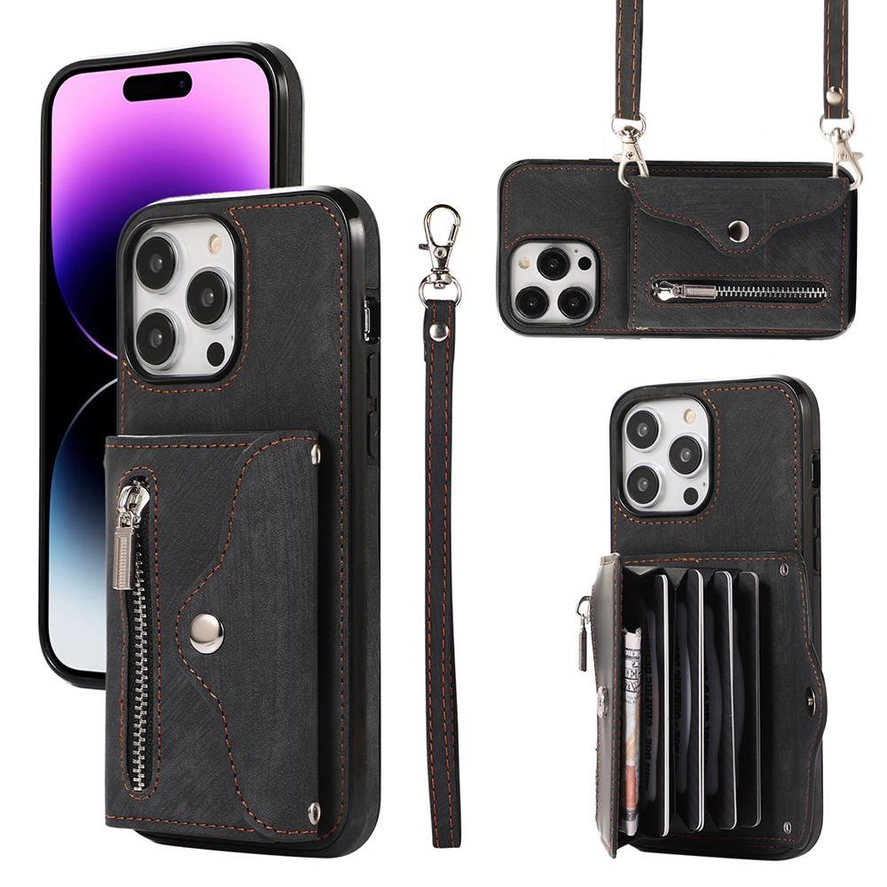 Кожаный чехол-кошелек с откидной молнией и ремешком для нескольких карт для iPhone 15 14Plus 13 12 11 Pro Max XSMAX для Samsung S24 S23 S22 S21 Ultra Plus A15 A25 A14