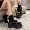 Lace-up Muffin Platform Loafers Women's New Spring High-heeled Lock Black Small Leather Shoes Are Comfortable and Versatile