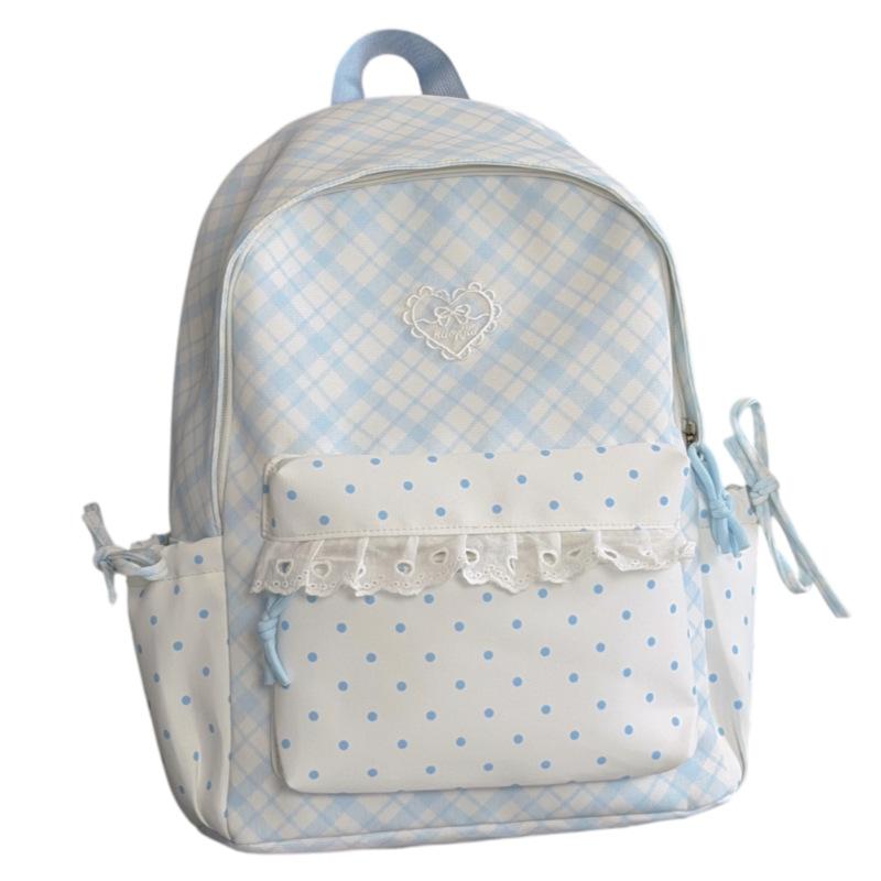 Schoolbag small fresh Japanese plaid student schoolbag niche polka dot lace design backpack light soft sister computer backpack