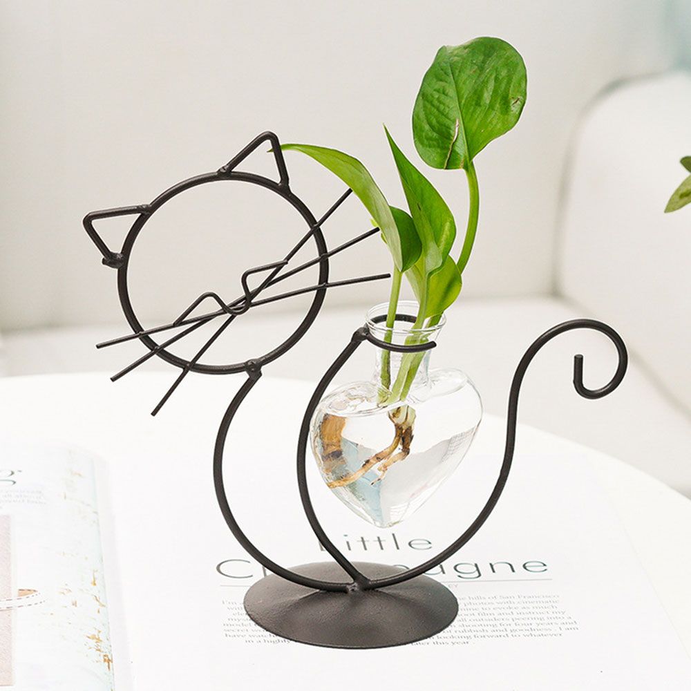 Simple Cat Iron Art Hydroponic Plant Vase Clear Glass Vase Plant Flower Pot Flower Arrangement