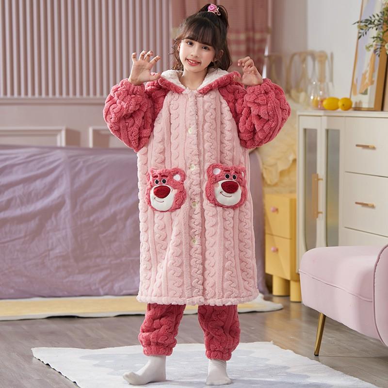 Girls Warm Coral Fleece Pajamas Set Long Sleeve Hooded Cartoon Print Kids Sleepwear Winter Home Outfit