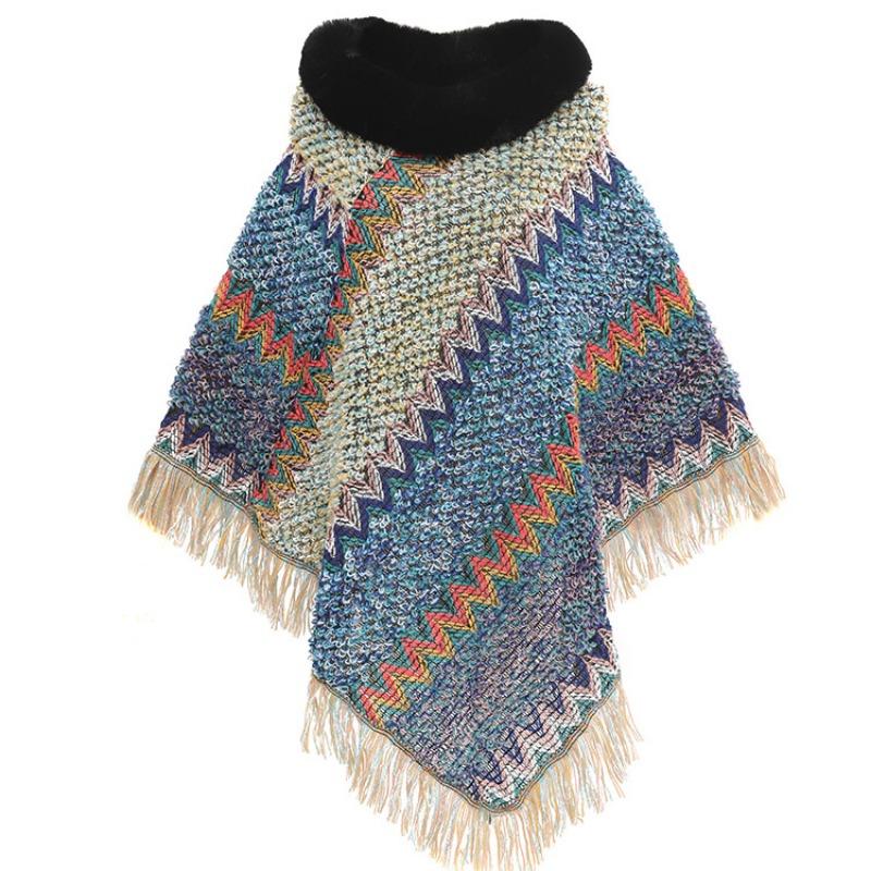 Цветной этнический стиль пуловер накидка женская меховой воротник женская вязаная накидка теплая осенне-зимняя шаль