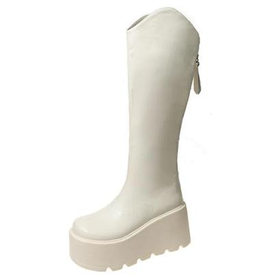 Модные зимние женские сапоги-носки высотой 8,5 см, осенне-весенние женские рыцарские сапоги на высокой платформе, высокие сапоги до колена, массивные кожаные туфли