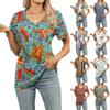 Women's Fashion V Neck Floral Print Short Sleeved Pullove T-shirt Top