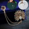 Women Cubic Zirconia Inlaid Peacock Flower Double Chain Tassel Brooch Pin Gift
