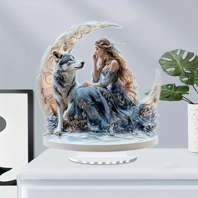 Элегантная статуэтка Волка и Феи - 2D Плоский Акриловый Настольный Орнамент, Настенное Искусство, Декор Четырех Сезонов, Оригинальный Домашний Декор, Идеально Прочный