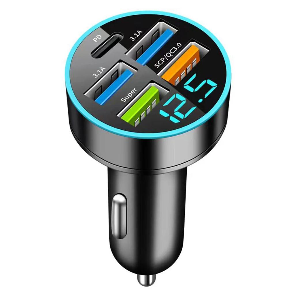 Car Charger 5 Ports USB Super Fast Charging Intelligent Charging Voltage Detection Digital Display Car Adapter Phone Charger