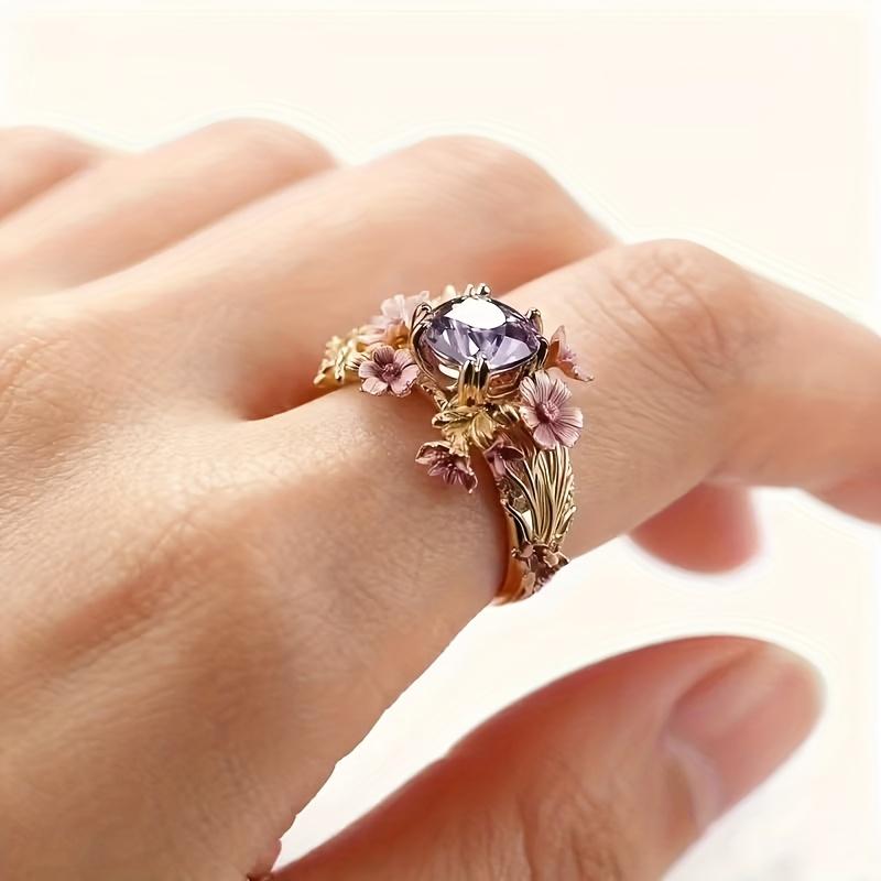 Серебряное цветочное кольцо с розовой цветочной инкрустацией и натуральным фиолетовым кристаллом огранки принцесса, элегантное и изысканное кольцо для женщин