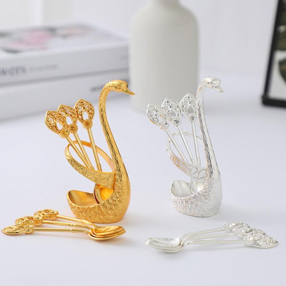 6Pcs Zinc Zinc Zinc Alloy Luxury Dessert Utensils with Swan Shaped Base Dessert Spoon Kitchen