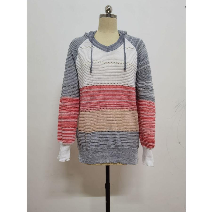 Fashion Women Casual Patchwork V-Neck Long Sleeves Hooded Sweater Blouse Tops