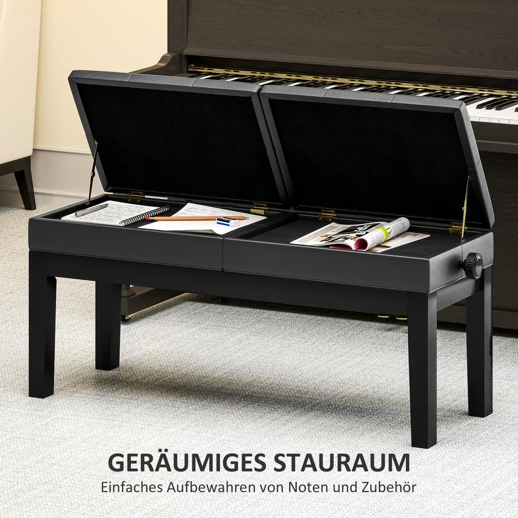 Piano Bench, Piano Stool, Faux Leather, Adjustable Double Seat, Storage, Black