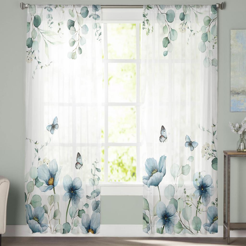 Эвкалипт, тюльпан, бабочка, цветок, ромашка, лист, прозрачные шторы, спальня, гостиная, вуаль, оконные шторы, тюлевые шторы, детская комната