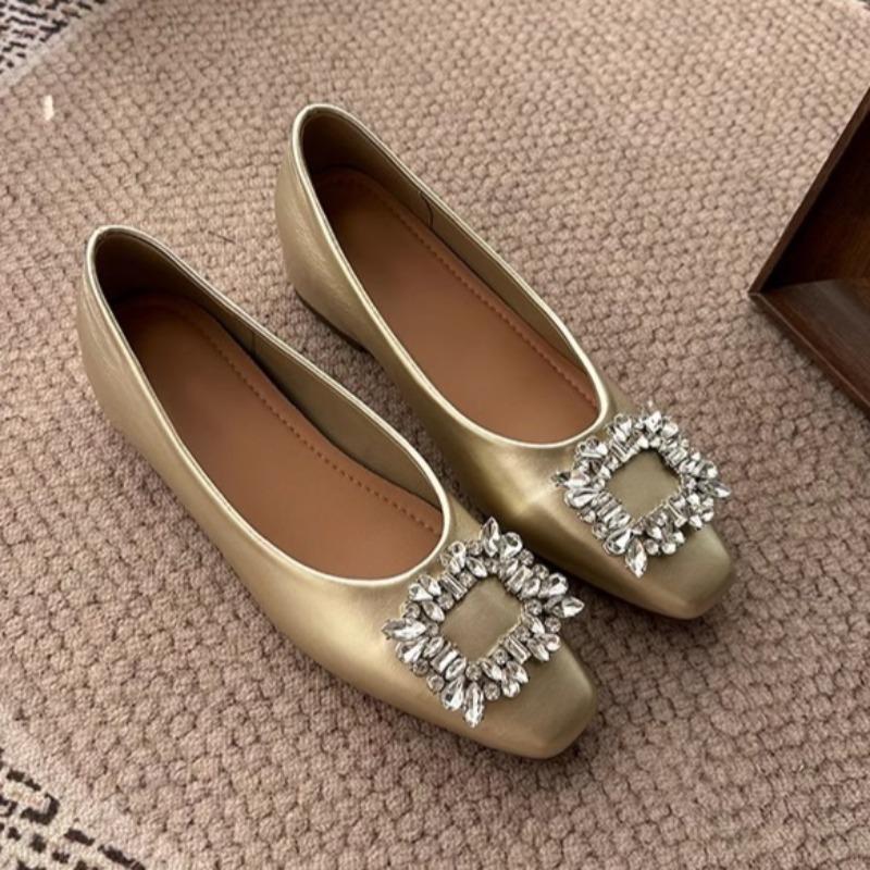 Fashion Inside Heightened Flat Shoes Summer New Square Toe Shallow Mouth Crystal Square Buckle Soft Sole Soft Leather Single Shoes