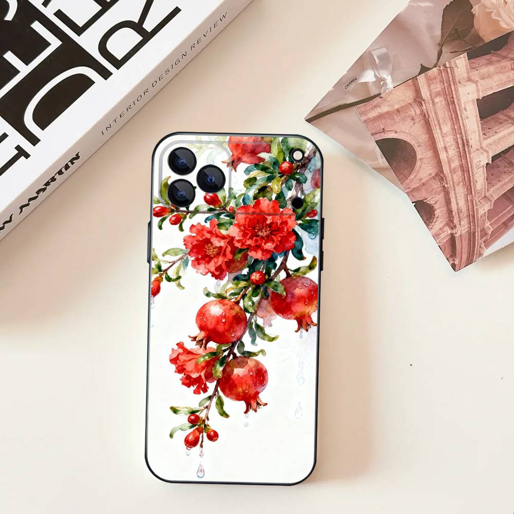 Узор 'Цветок граната' Для iPhone 17,16,15,14,13,12,11,Pro,Max,Plus,E,SE4,Air,Mini Черный Мягкий Чехол для Телефона